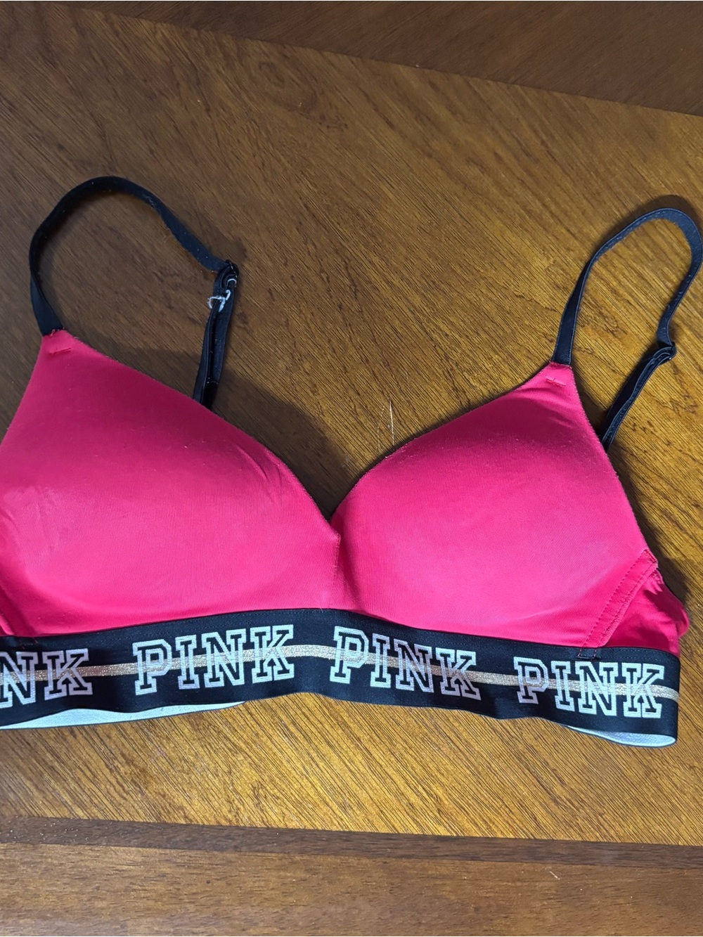 PINK Victoria's Secret Wireless Bralette in Bright Pinkish Red with Black Band